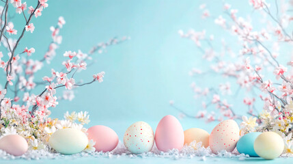 Easter eggs and spring flowers colorful holiday composition. Happy Easter