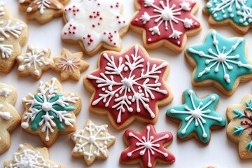 A collection of Christmas cookies with snowflake and star designs, decorated with icing and sprinkles, arranged on a white background.
