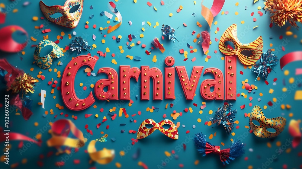 Aufkleber colorful carnival text surrounded playful masks ribbons and confetti with a dynamic gradient backgro