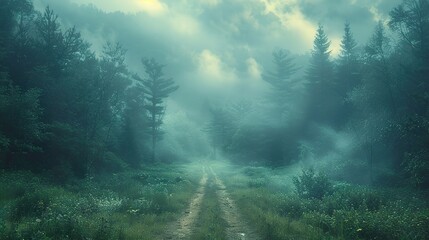 Fototapeta premium Enchanted Forest Path: Misty Morning in the Woods