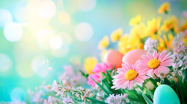 Easter eggs and spring flowers colorful holiday composition. Happy Easter