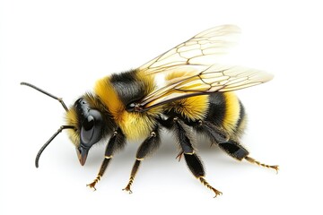 Bee yellow and black on white plain background, isolated