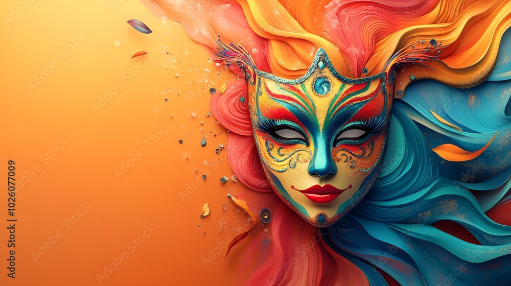 Poster vibrant multicolored carnival mask centered on a sleek banner surrounded by swirling patterns and br