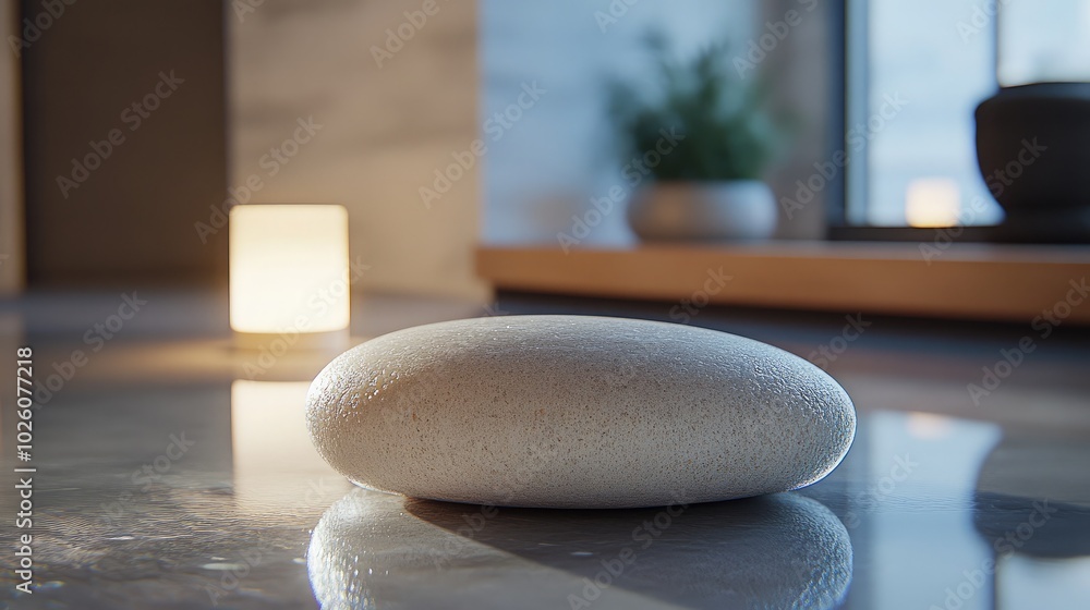 Poster smooth stone on table with soft lighting in background