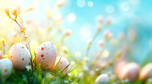Easter eggs and spring flowers. Happy easter. Spring background