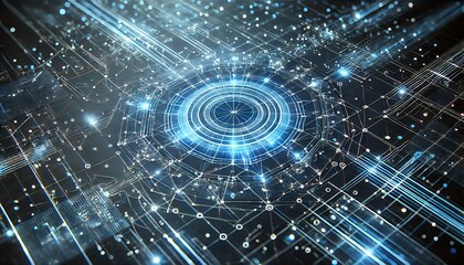 Obraz premium Futuristic Blue Digital Grid - Network Tech Wallpaper