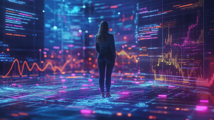 Fototapeta premium Woman analyzing futuristic data visualizations in a digital environment