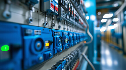 Industrial control panel with blue switches and wiring in a factory setting