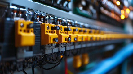 Naklejka premium Close-up of industrial control panel with yellow switches and wiring