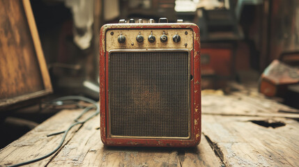 Vintage guitar amplifier with worn red casing and rustic details