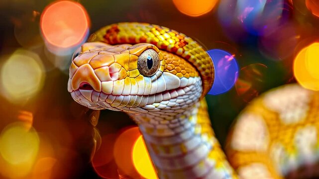 Yellow snake close-up on a blurred bokeh background. Symbol of 2025.