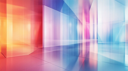 Colorful abstract hallway with transparent glass walls and vibrant lighting