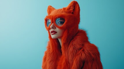 Obraz premium Quadrober subculture. A woman wearing an orange furry cat costumes and cat masks poses stylishly against a blue backdrop, showcasing bold fashion choices. Steampunk. With copy space