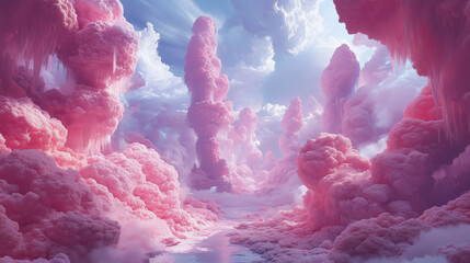 .Surreal pink cloudscape with towering formations and soft light