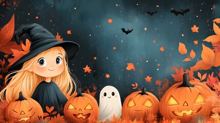 Halloween Spooky Scene with Witch Pumpkins and Ghosts in Autumn Leaves