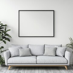 This elegant living room features a gray sofa against a blank wall, inviting personalization and tranquility with bright tones.