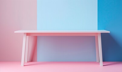 A 3D photo studio background in pastel colors accompanies a minimalist table ideal for product photography, Generative AI.