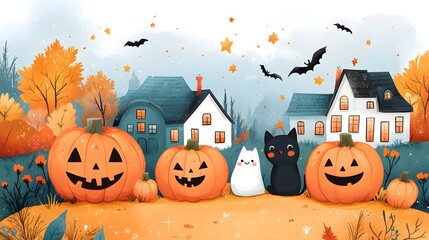 Spooky Halloween Landscape with Pumpkins Bats and Haunted Houses
