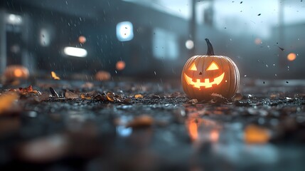 Eerie Autumn Pumpkin in Rainy Urban Nightscape