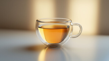 Transparent glass teacup with warm tea on a minimalist surface