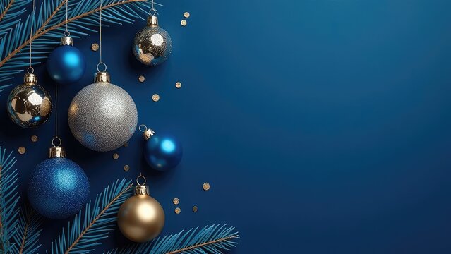 Blue and gold Christmas tree toys on a dark blue background, Christmas tree, festive atmosphere, free space for text