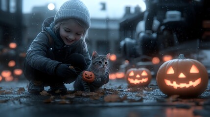 Young Girl Embracing Cat by Carved Pumpkin on Autumn Street