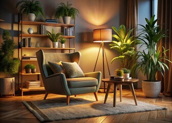 Cozy Night Living Room with Chair and Plant - Ideal for Home Decor Inspiration