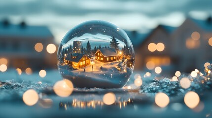 Enchanting Snowy Village with Illuminated Cottages and Sparkling Reflections in a Crystal Ball