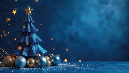 Blue and gold Christmas tree toys on a dark blue background, Christmas tree, festive atmosphere, free space for text