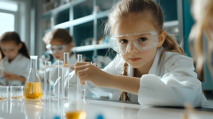Young female student performing scientific experiments and research using various laboratory equipment and glassware in a school or academic setting