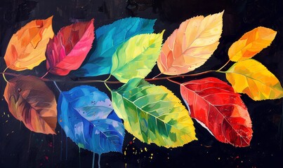 a black backdrop with vibrant foliage in shades of red, yellow, green, and blue, Generative AI.