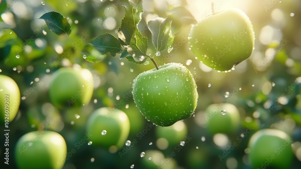 Sticker Fresh Green Apples with Dew in Sunlit Orchard