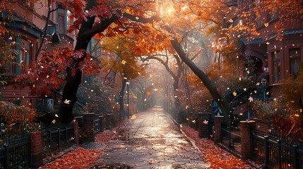 Autumnal Street Scene: Golden Hour in a City Park