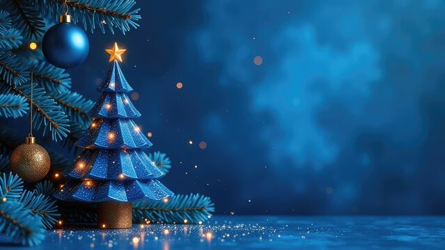 Blue and gold Christmas tree toys on a dark blue background, Christmas tree, festive atmosphere, free space for text