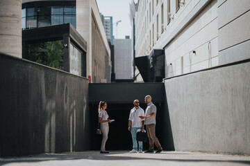 Team of marketing workers in an outdoor meeting discussing campaign performance, market trends and strategy development in a modern urban setting.