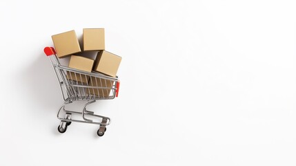 Shopping cart filled with cardboard boxes on white background, symbolizing online shopping and delivery services.