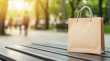 A brown paper shopping bag resting on a wooden park bench surrounded by greenery and trees, creating a serene outdoor atmosphere.