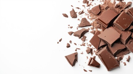Fototapeta premium Close-up image of a diverse pile of dark chocolate pieces in various shapes and sizes isolated on a clean white background