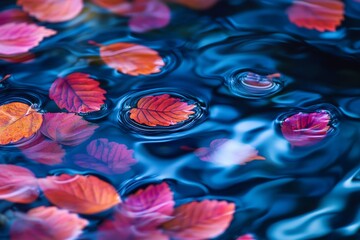 Colorful Autumn Leaves on Dark Water, Vibrant Green and Orange, Raindrops on Leaves, Tranquil Nature Scene