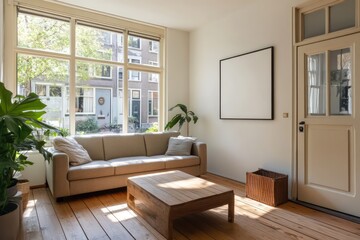 A bright living room in Amsterdam with a wooden floor, white walls, and modern furniture. There is one large, square, blank frame on the wall above the sofa