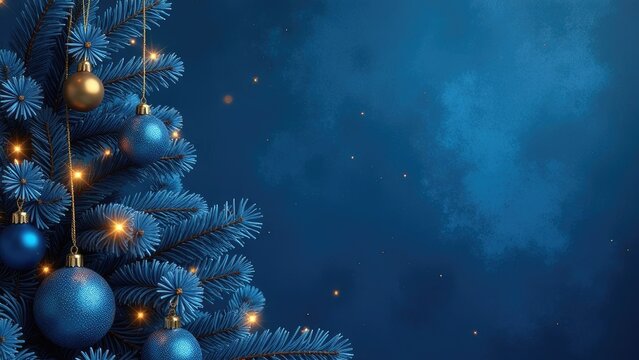 Blue and gold Christmas tree toys on a dark blue background, Christmas tree, festive atmosphere, free space for text