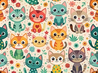 Cute Cartoon Cats Pattern for Kids Textile Design - Fun Doodle Background, Seamless Fabric Illustration