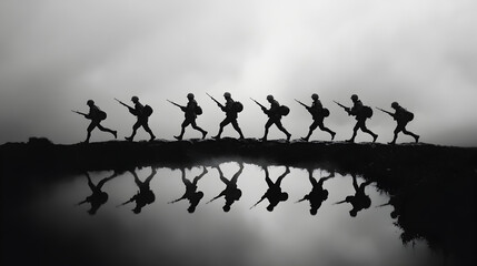 A squad of soldiers crossing a narrow bridge, their figures reflected in the water below. Minimalist yet dynamic.



