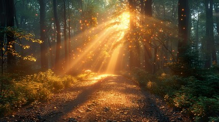 Obraz premium Enchanted Forest Path with Golden Sunlight