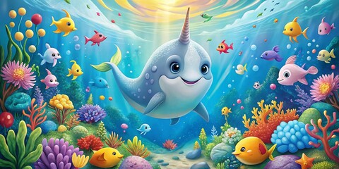 Fototapeta premium Cute Happy Narwhal Cartoon Character for Kids - Whimsical Sea Animal Illustration