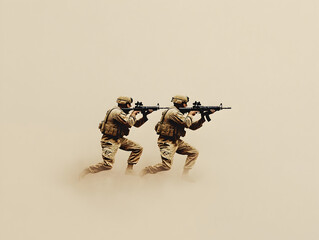 Two soldiers back-to-back, one aiming a rifle while the other reloads, both figures standing in the middle of a blank field. Minimalist focus on action.


