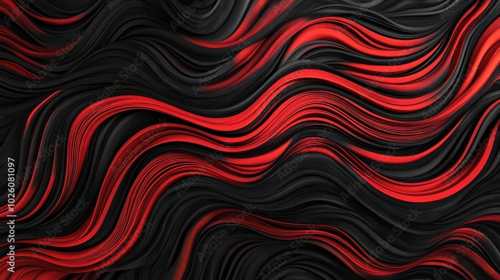 Poster series of black and red wavy lines creating a three-dimensional abstract pattern