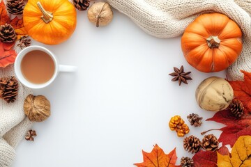 cozy fall flatlay border with a light background 