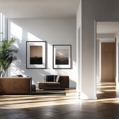 This spacious living area features luxurious leather furniture, large, bright windows, and stylish wooden floors in a modern, peaceful setting.