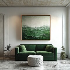 A contemporary living room features a vibrant green sofa and abstract ocean artwork, promoting a calm and serene atmosphere.